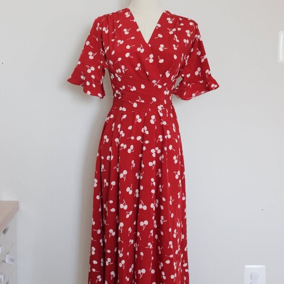 Dresses & Skirts - Dark Red Cherry Tie on waist Midi Dress